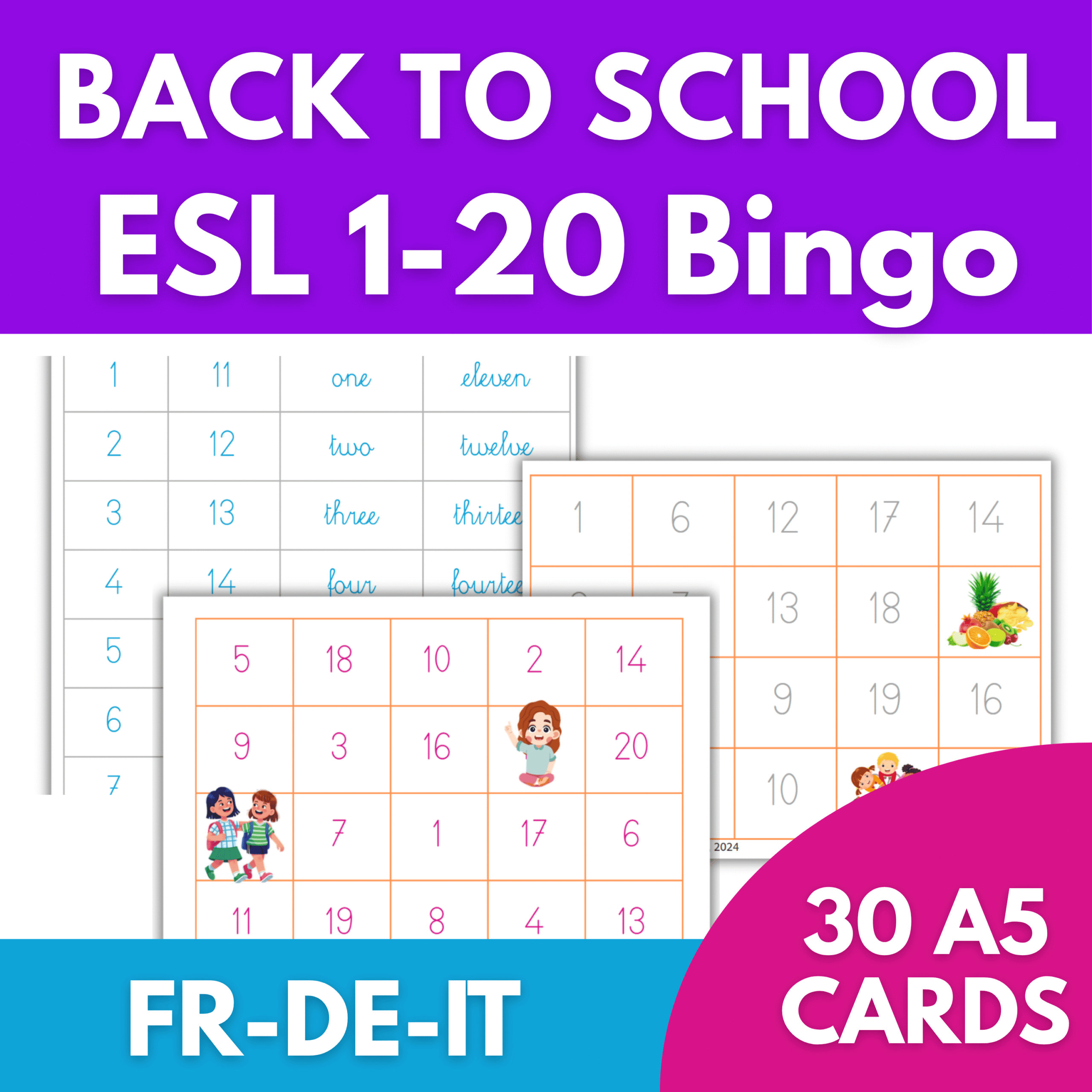 Back to School Numbers Bingo 1-20 (FREE) — 4 Languages, Swiss Cursive & Print