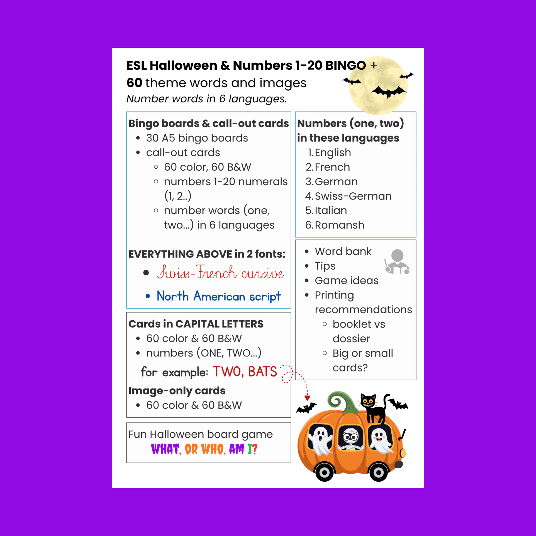 halloween multilingual numbers bingo swiss cursive font