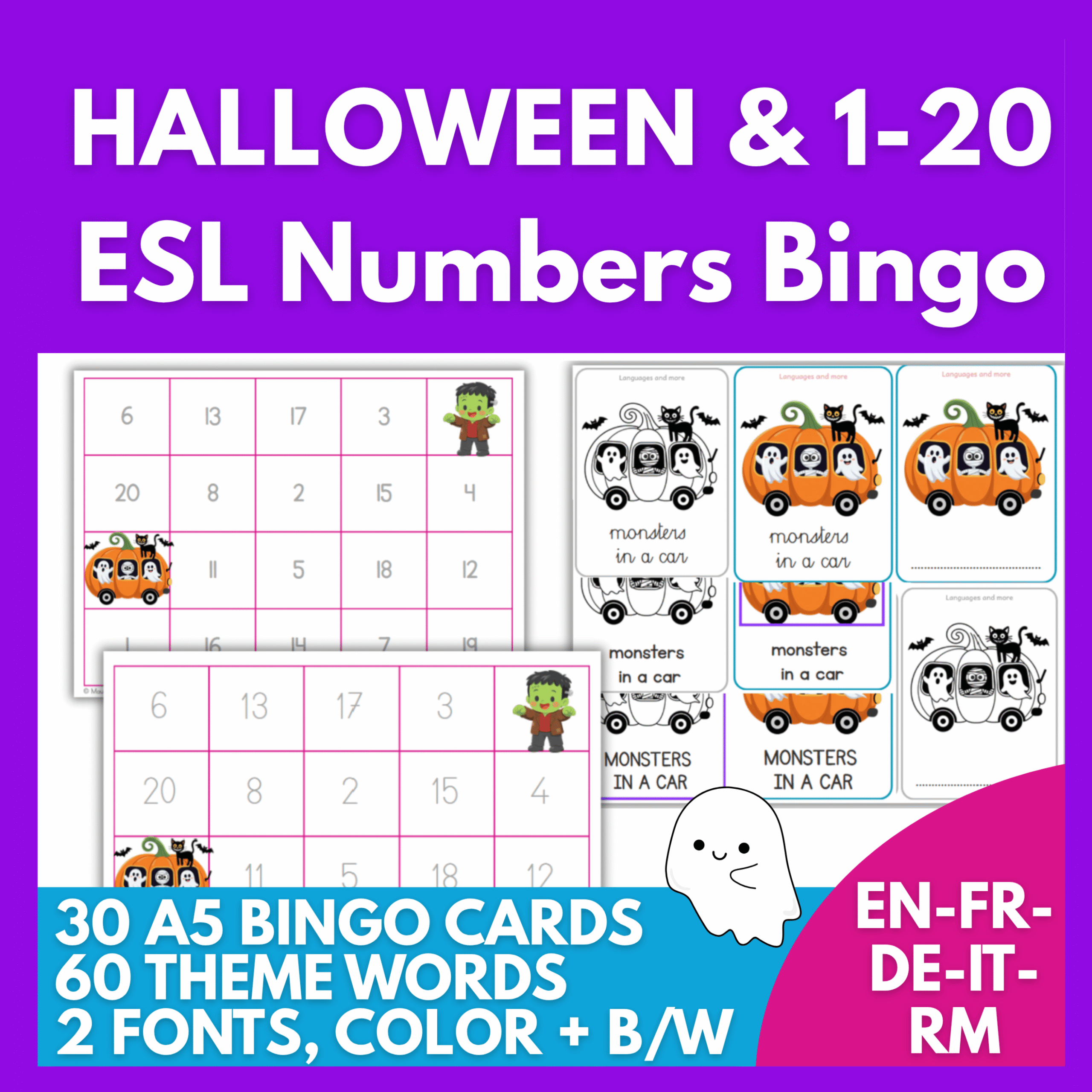 Halloween Numbers Bingo 1-20, ESL/ELT & Multilingual ready (EN, FR, DE, IT, RM) Print-and-Play