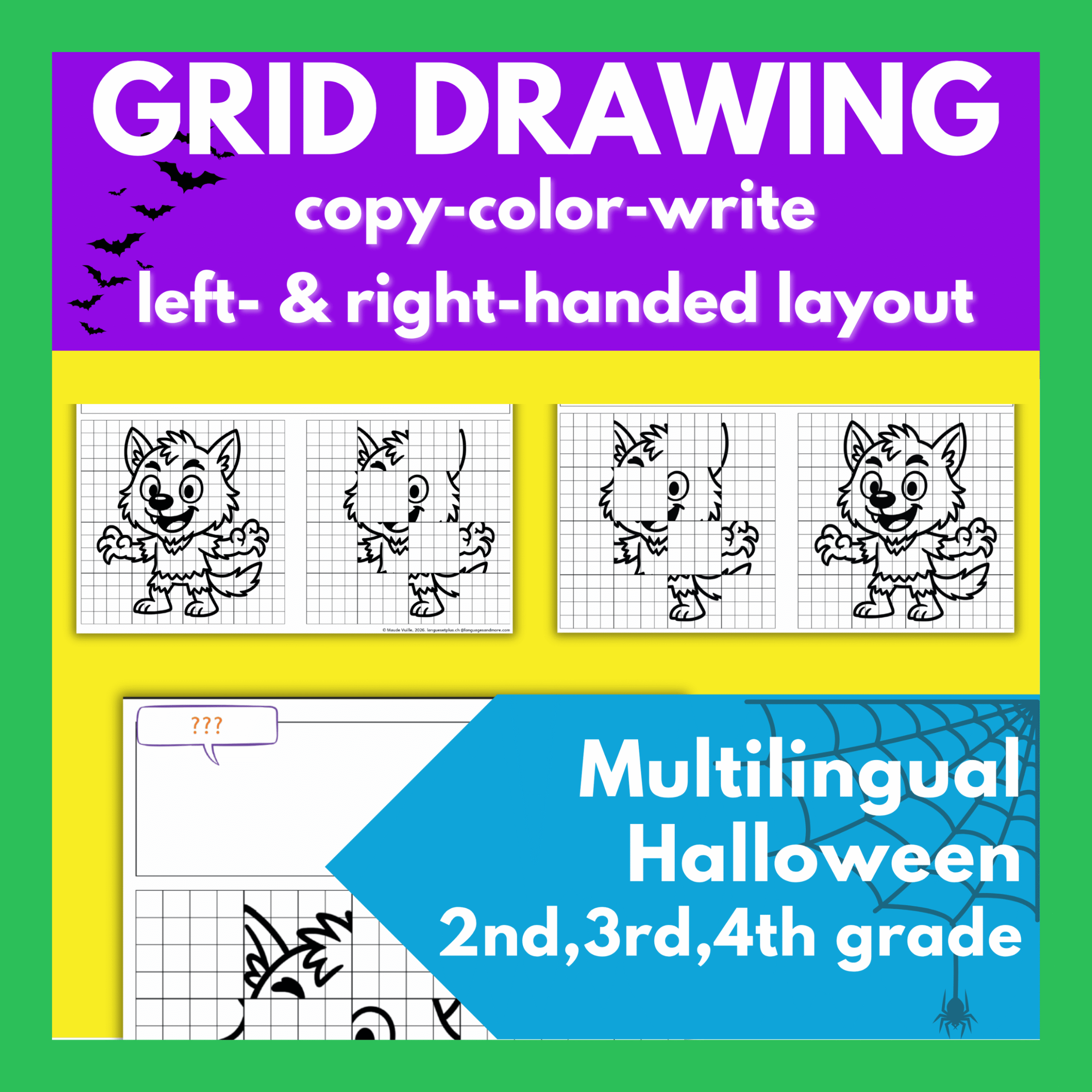 60 Halloween grid copy-colour drawing + optional writing (multilingual)